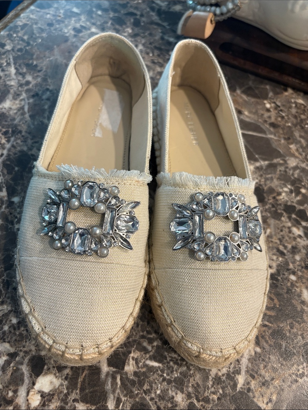 Marc Fisher Women’s Espadrilles Slip-on Shoes with Rhinestone and Pearl Accents